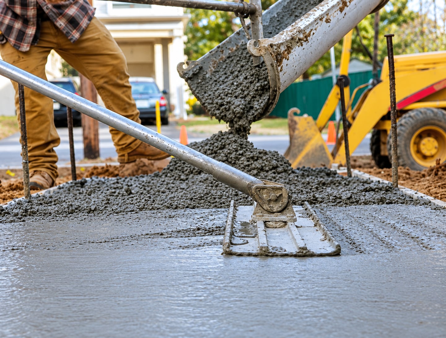 Concrete being poured from a chute and screeded by hand